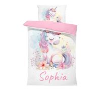 Pictogogo Ensemble de Parure de Lit Personnalisable avec Nom pour Bébé et Enfant - Animaux, Housse de Couette Zippée et Taie d'oreiller Incluses - Cadeau Unique (Licorne Aquarelle 2, 140 x 200)