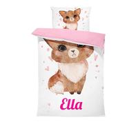 Pictogogo Ensemble de Parure de Lit Personnalisable avec Nom pour Bébé et Enfant - Couleur de Base en Coton sélectionnable - Housse de Couette Zippée et Taie d'oreiller avec Renard - 100 x 135 cm