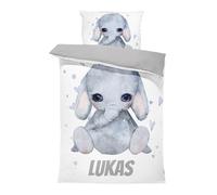 Pictogogo Ensemble de Parure de Lit Personnalisable avec Nom pour Bébé et Enfant - Couleur de Base en Coton sélectionnable - éléphant - Housse de Couette Zippée et Taie d'oreiller Incluses 80x120