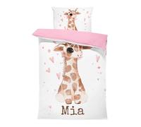 Pictogogo Ensemble de Parure de Lit Personnalisable avec Nom pour Bébé et Enfant - Couleur de Base en Coton sélectionnable - Housse de Couette Zippée et Taie d'oreiller avec Girafe - 100 x 135 cm