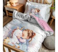 Pictogogo Parure lit bébé 2 pièces - Housse Couette 80 x 120 + taie 40 x 60 - Motif Fille Licorne/Revers Coton Rose - Microfibre+Coton Oeko-TEX - Zip - lit à barreaux 0-2 Ans
