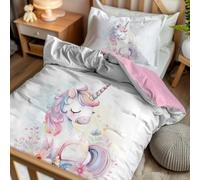 Pictogogo Parure lit Fille 2 pièces - Housse Couette 100 x 135 + taie 40 x 60 - Motif Licorne Aquarelle/Revers Coton Rose - Microfibre & Coton Oeko-TEX - Fermeture éclair - lit évolutif 70 x 140