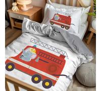 Pictogogo Parure lit garçon 2 pièces - Housse Couette 100 x 135 + taie 40 x 60 - Motif Autopompe/Revers Coton Gris - Microfibre & Coton Oeko-TEX - Fermeture éclair - lit évolutif 70 x 140