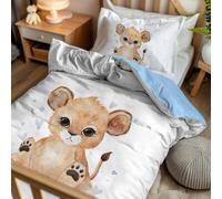 Pictogogo Parure lit garçon 2 pièces - Housse Couette 100 x 135 + taie 40 x 60 - Motif Lion Bleu/Revers Coton Bleu - Microfibre & Coton Oeko-TEX - Fermeture éclair - lit évolutif 70 x 140