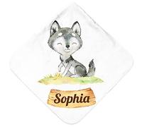 Pictogogo Serviette de Bain à Capuche Personnalisée avec Nom et Motif Animal Mignon | Cape de Bain Personnalisable pour Bébé (Loup)