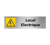 Pictogramme Local Electrique (Q0475). Signalisation Porte - 170 X 50 mm - Autocollant souple ou plaque alu brossé 2mm. - Plaque aluminium brossé - Plaque aluminium brossé -