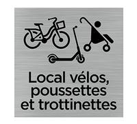 Pictogramme Local vélos, poussettes et trottinettes (Q1031). Signalisation Porte 150 x 150 mm. Autocollant souple ou plaque alu brossé 2 mm ep. - Adhésif aspect aluminium brossé - Adhésif aspect alumi