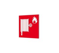 Pictogramme lutte incendie lance à incendie - Panneau signalétique Dibond blanc - Carré rouge pictogramme blanc - 20x20 cm, 3 mm épaisseur