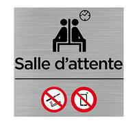 Pictogramme Salle d'attente, interdit de fumer et de téléphoner (Q1065). Signalisation Porte 150 x 150 mm. Autocollant souple ou plaque alu brossé 2 mm ep. - Adhésif aspect aluminium brossé - Adhésif