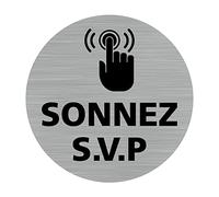 Pictogramme Sonnez S.V.P (Q0453). Autocollant souple effet alu brossé ou plaque de porte alu brossé ep 2mm au choix - Diamètre 76 mm - Adhésif aspect aluminium brossé - Adhésif aspect aluminium brossé