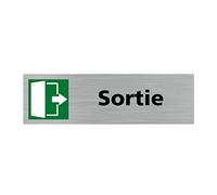 Pictogramme SORTIE VERS LA DROITE (Q0379). Signalisation Porte - 170 X 50 mm - Autocollant souple ou plaque alu brossé 2mm. - Plaque aluminium brossé - Plaque aluminium brossé -