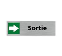 Pictogramme SORTIE VERS LA DROITE (Q0381). Signalisation Porte - 170 X 50 mm - Autocollant souple ou plaque alu brossé 2mm. - Plaque aluminium brossé - Plaque aluminium brossé -