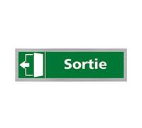 Pictogramme SORTIE VERS LA GAUCHE (Q0407). Signalisation Porte - 170 X 50 mm - Autocollant souple ou plaque alu brossé 2mm. - Adhésif aspect aluminium brossé - Adhésif aspect aluminium brossé -