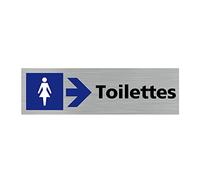 Pictogramme TOILETTE FEMME FLECHE VERS LA DROITE (Q0409). Signalisation Porte - 170 X 50 mm - Autocollant souple ou plaque alu brossé 2mm. - Plaque aluminium brossé - Plaque aluminium brossé -