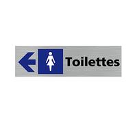 Pictogramme TOILETTE FEMME FLECHE VERS LA GAUCHE (Q0414). Signalisation Porte - 170 X 50 mm - Autocollant souple ou plaque alu brossé 2mm. - Adhésif aspect aluminium brossé - Adhésif aspect aluminium
