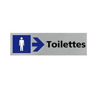 Pictogramme TOILETTE HOMME FLECHE VERS LA DROITE (Q0410). Signalisation Porte - 170 X 50 mm - Autocollant souple ou plaque alu brossé 2mm. - Adhésif aspect aluminium brossé - Adhésif aspect aluminium