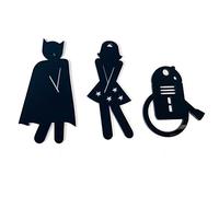Pictogramme Toilettes Enfants. Plaque de porte WC autocollante. Lot de 3 pictos super-héros wc filles, garçons, handicapés. Plexi blanc, noir, miroir or ou argent - Plexi noir -