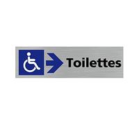 Pictogramme TOILETTES HANDICAPES FLECHE VERS LA DROITE (Q0412). Signalisation Porte Rectangulaire. Autocollant souple ou plaque alu brossé 2mm. - Adhésif aspect aluminium brossé -