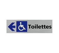 Pictogramme TOILETTES HANDICAPES FLECHE VERS LA GAUCHE (Q0417). Signalisation Porte - 170 X 50 mm - Autocollant souple ou plaque alu brossé 2mm. - Adhésif aspect aluminium brossé - Adhésif aspect alum