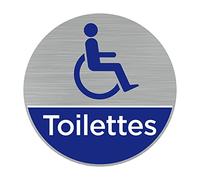 Pictogramme Toilettes handicapés (Q0462). Autocollant Souple Effet alu brossé Diamètre 83 mm. Autocollant Toilettes handicapés, Sticker WC