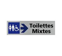 Pictogramme TOILETTES MIXTES FLECHE VERS LA DROITE (Q0413). Signalisation Porte Rectangulaire. Autocollant souple ou plaque alu brossé 2mm. - Adhésif aspect aluminium brossé -
