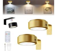 Picture Lights for Wall, Applique Lampe Murale Sans Fil, Éclairage Led Sans Fil Pour Tableau Rechargeable, Lumiere Murale Sans Fil Murales à 3 Températures de Couleur, Télécommande (Gold, 2PC)