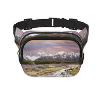 Picturesque Mountain Sac banane carré double couche avec impression intégrale, tissu sergé durable, sac banane multi-poches pour sports de plein air voyage
