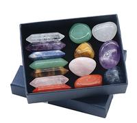 Picysa Kit de Cristaux Premium de 14 Pièces avec Ensemble de 7 Chakras pour le Yoga, Pierres de Massage Spirituel, Colonne Hexagonale, Labradorite Irrégulière