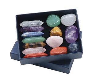 Picysa Kit de Cristaux Premium de 14 Pièces avec Ensemble de 7 Chakras pour le Yoga, Pierres de Massage Spirituel, Colonne Hexagonale, Labradorite Irrégulière