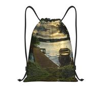 Pidgazdfgv Sac à dos de sport avec cordon de serrage et poches en maille résistant à l'eau pour homme et femme Motif bateau au lac, Noir , S, Classique