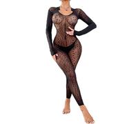 PIDUDU Tenues une pièce pour femme à imprimé léopard en maille transparente - Combinaison moulante extensible à manches longues en maille ajustée - Combinaison de fête noire, Noir, convention