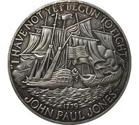 Pièce commémorative de la bataille navale de John Paul Jones de 1779, pièce de collection en cuivre plaqué argent de style antique avec un motif de navire historique et l'inscription « Je n'ai pas enc