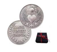 Pièce d’amour pour chance et protection: Amor Vincit Omnia. Idée cadeau femme, homme, maman, grands-parents, Saint-Valentin, anniversaires, occasions spéciales. Métal plaqué argent. Made in Italy