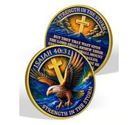 Pièce de défi chrétien - Ésaïe 40:31 | Pièce chrétienne Force dans la tempête, design aigle et croix, force divine, tempête et victoire, cadeaux religieux pieux pour homme et femme