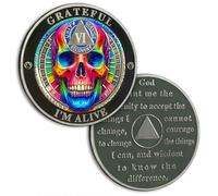 Pièce de monnaie colorée en forme de crâne de 6 ans - Médaillon de sobriété - Jeton de sobriété - Jeton de sobriété - Puces AA et médaillon de prière de sérénité - Pièce de monnaie de récupération -