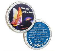 Pièce de sobriété papillon - Pièce de monnaie NA AA « One Day At A Time » en argent avec prière de sérénité, cadeau de sobriété pour vie propre pour homme et femme