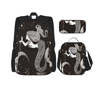 pièces ensemble sacs à dos belle sirène lune dans ses mains dessinés à la main mer mythologie sac de livre voyage camping travail sac d'école trousse à crayons sac à déjeuner combinaison pour hommes