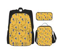 pièces ensemble sacs à dos fleurs bleues jardin botanique floral avec feuilles bleues sur fond jaune sac de livre voyage travail sac d'école trousse à crayons sac à déjeuner combinaison pour hommes