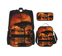 pièces ensemble sacs à dos girafe silhouette avec arbre sur le lever du soleil au Kenya savane africaine sac de livre voyage camping travail sac d'école trousse à crayons sac à déjeuner combinaison
