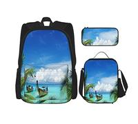 pièces ensemble sacs à dos palmiers et bateau de pêche paradis image et exotique hawaïen plage livre sac voyage camping travail sac d'école trousse à crayons sac à déjeuner combinaison pour hommes f