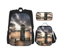 pièces ensemble sacs à dos phare dramatique avec lumière vacances quai en bois pont vers l'eau vagues sac de livre voyage travail sac d'école trousse à crayons sac à déjeuner combinaison pour hommes