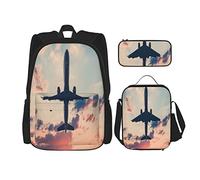 pièces ensemble sacs à dos rouge rose avion d'aviation sur coucher de soleil ciel avion jet scénique avion commercial avion de ligne conception sac de livre voyage travail sac d'école trousse à cray