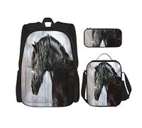pièces ensemble sacs à dos vert actif cheval noir en forêt étalon action animal livre sac voyage camping travail sac d'école trousse à crayons sac à déjeuner combinaison pour hommes femmes garçons f