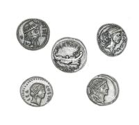 Pièces Romaines anciennes Période Jaius Jules César Plaqué Argent - Jeu de Reproduction 5 Pièces - Artisanat Italien, Fait à la Main - Fabriqué en Italie