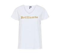 PIECES - T-Shirt en Coton Biologique Blanc uni à col v avec Une écriture pailletée - Taille M