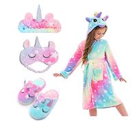 Piefry Peignoir Doux Fille Licorne Robes de Chambre à Capuche pour Filles avec Pantoufles de Licorne - Cadeaux pour Filles (Rougeâtre, 4-5 ans)