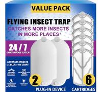 Piège à insectes volants pour l'intérieur (2 staters et 6 cartouches de recharge), attrape-insectes UV pour mouches des fruits, moucherons et petits parasites volants, silencieux, sans zap, sans