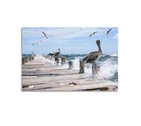 Pier Pelican - Impression sur toile d'horizon de la mer - Impression sur toile moderne pour salon, bureau, chambre à coucher (60 x 90 cm)