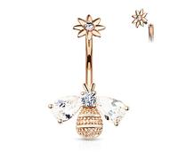 Piercing Banane Nombril en Acier Chirurgical 316L et Oxyde de Zirconium - Deux Bijoux pour Ce Piercing - Fleur on Top et Abeille Au Corps d'acier Travaillé et Ailes de Zircons - 21,6 mm -, oxyde de