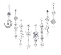 Piercing de nombril en cuivre avec zircones cubiques Argenté 8 styles | Bijou de piercing nombril pendentif lune étoile papillon cœur fleur cadeau idéal pour petite amie, épouse, adolescente
